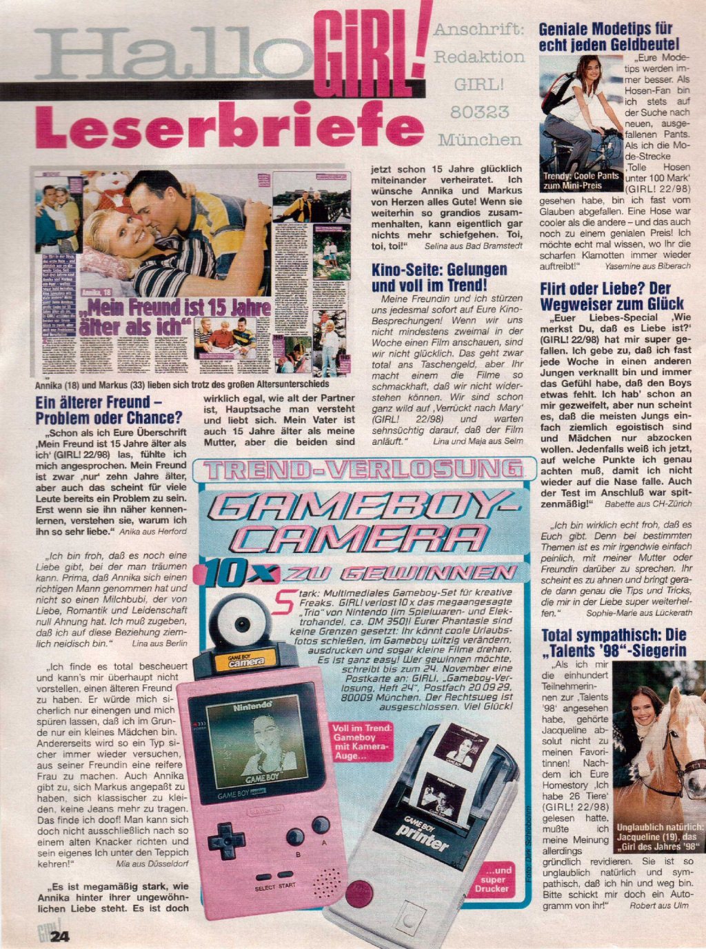 BRAVO GIRL! Nr. 24/1998 | 10x multimediales Gameboy-Set&nbsp;Gewinnspiel