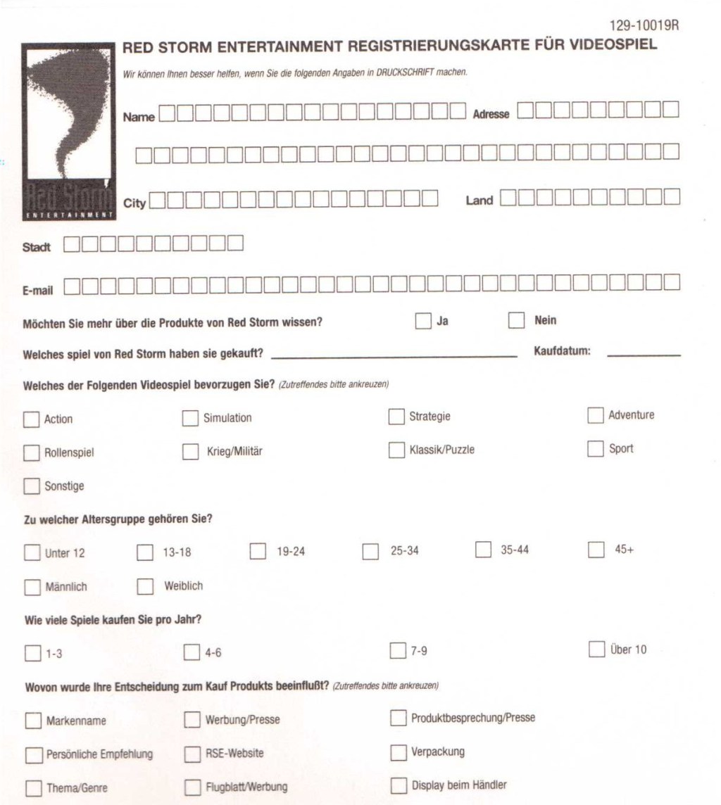 Red Storm Entertainment Registrierungskarte C-CGB-AR6P-NOE