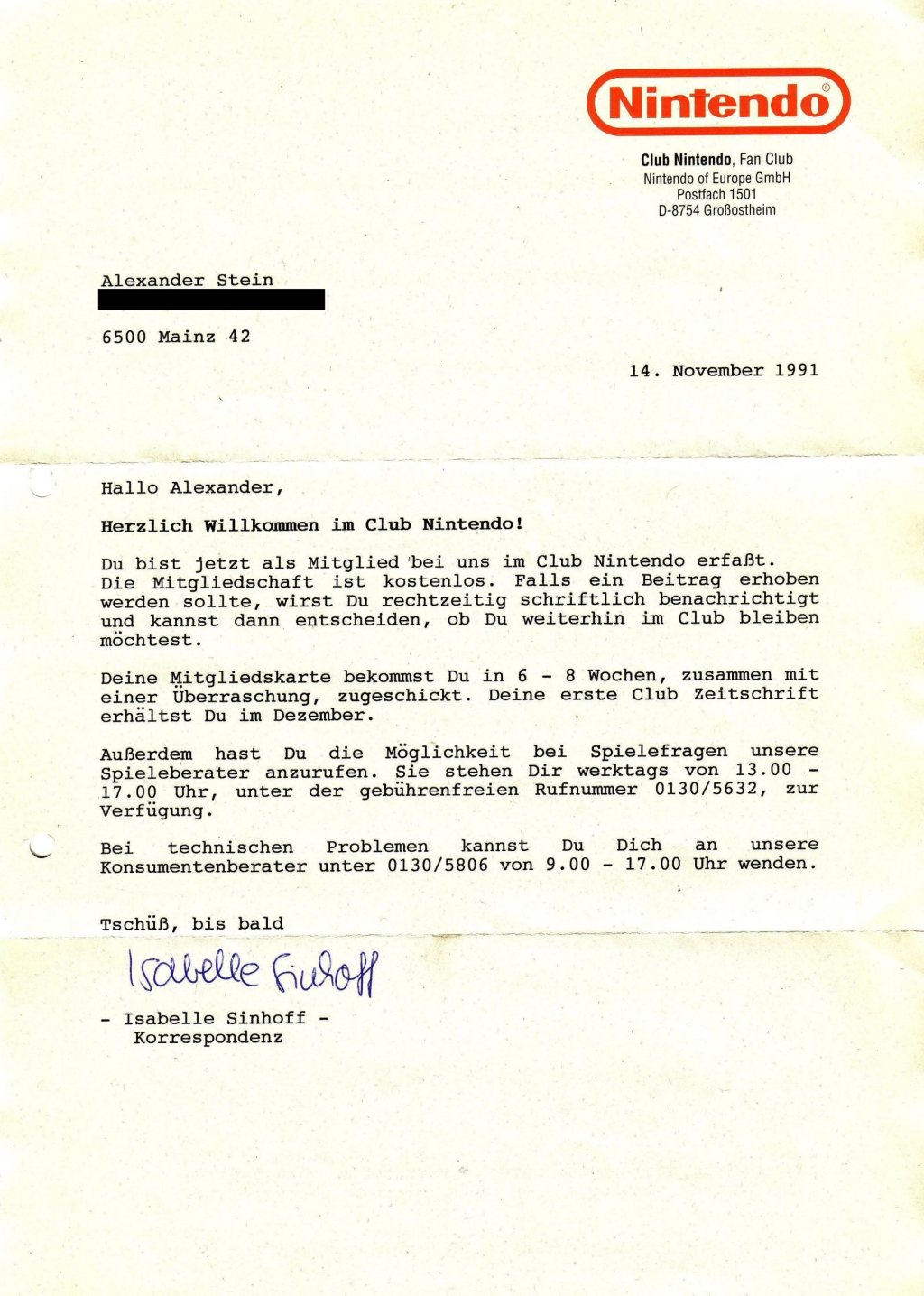 Club Nintendo Willkommensschreiben