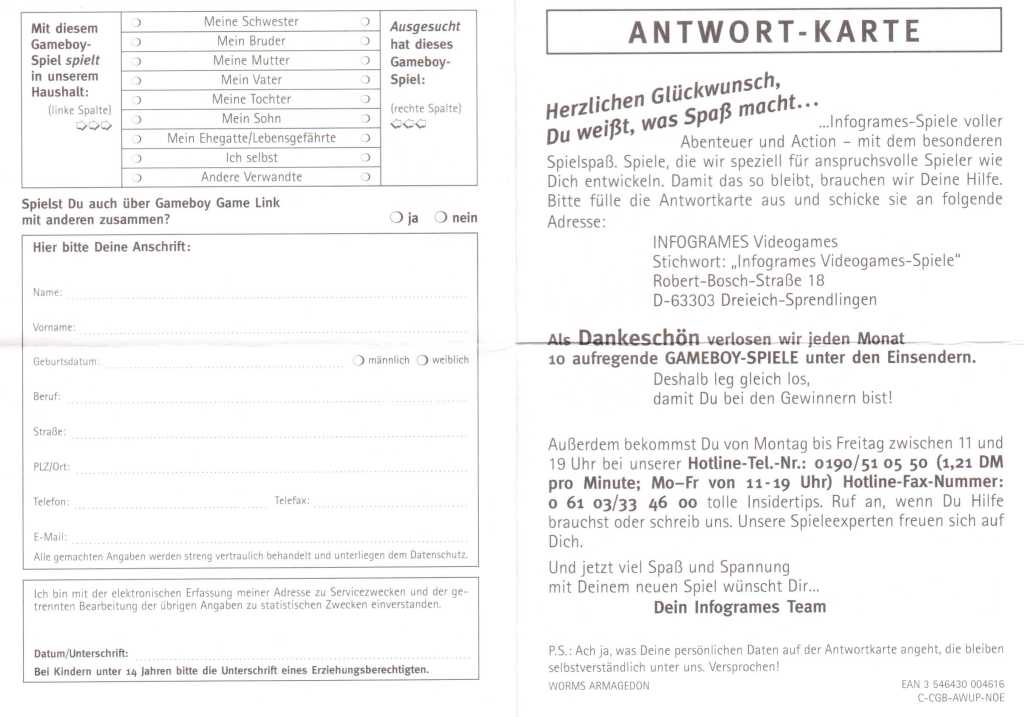 Worms Armageddon | Antwortkarte&nbsp;C-CGB-AWUP-NOE