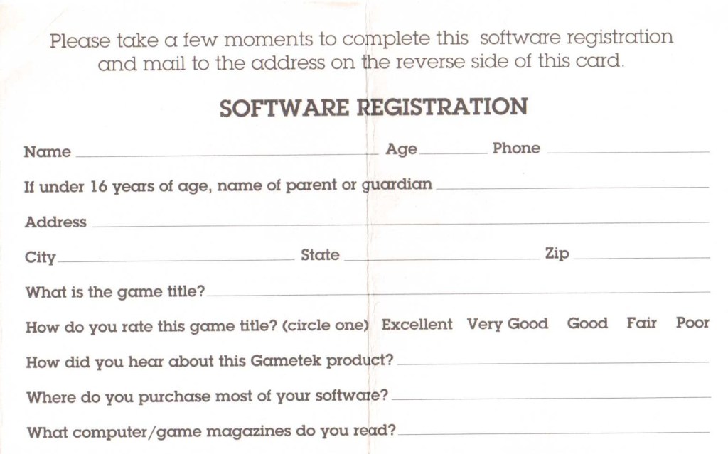 Pinball Dreams Registration Card&nbsp;GAM-DMG-US-2
