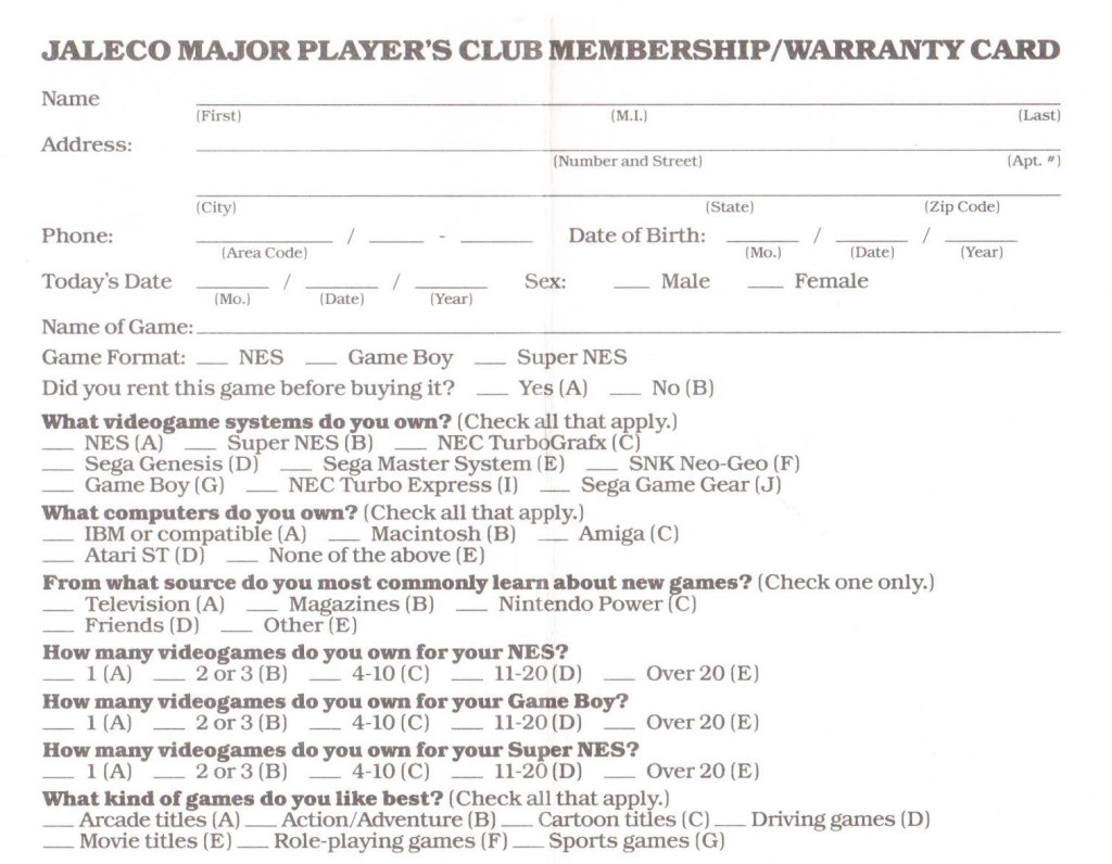 Jaleco Major Player’s Club Membership/Garantiekarte JAL-DMG-US-1