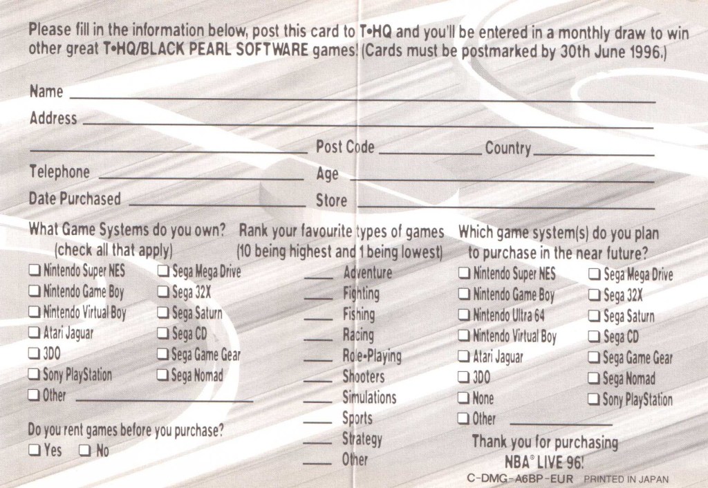 NBA Live 96 Gewinnspielkarte C-DMG-A6BP-EUR