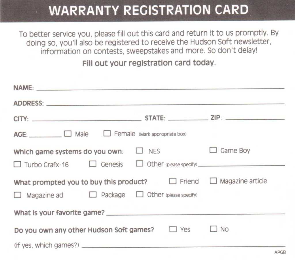 Adventure Island Warranty Registration Card&nbsp;HUD-DMG-US